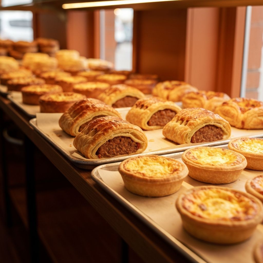 Savoury pastries including sausage rolls and quiches at Paradise Bakehouse