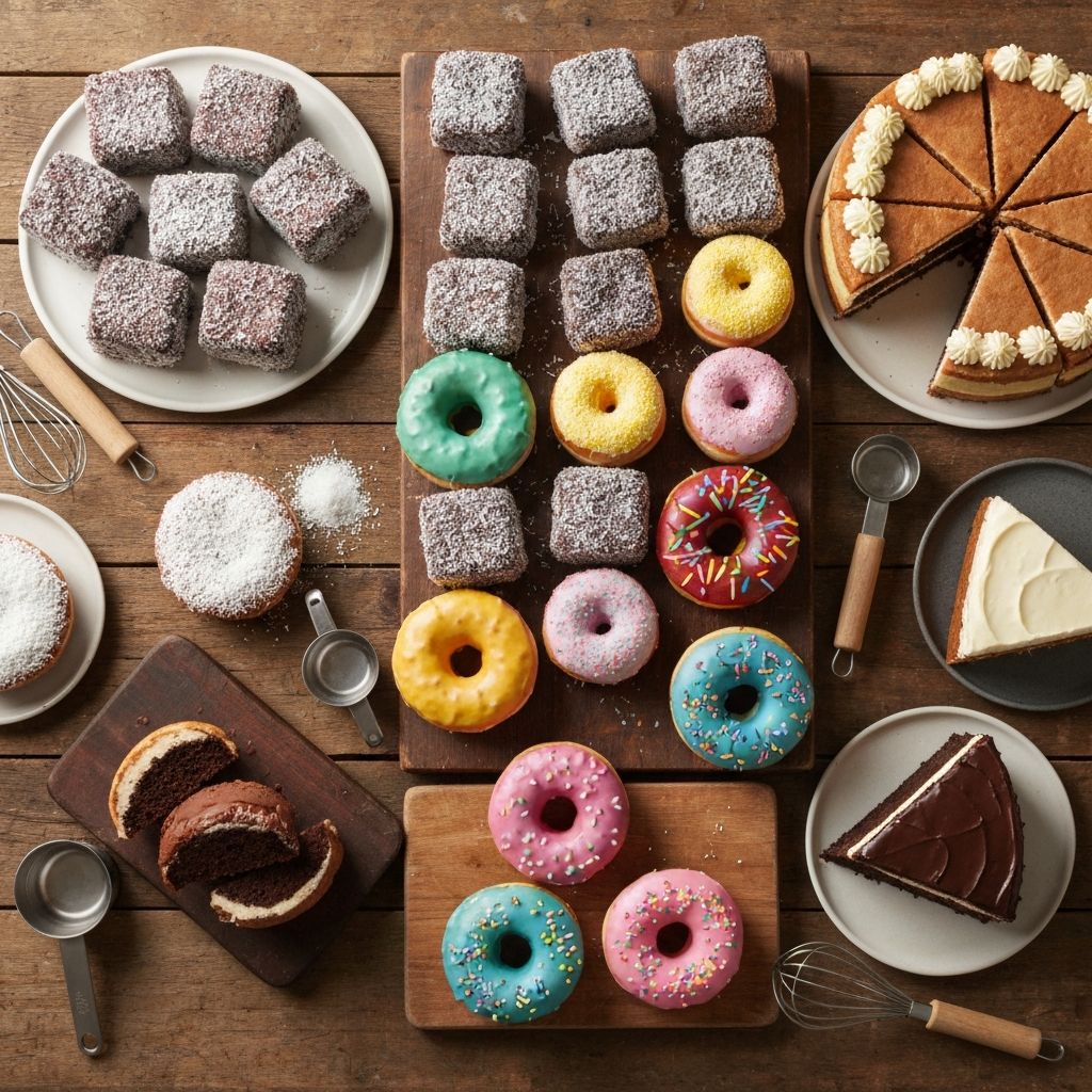 Sweet baked goods including lamingtons and doughnuts at Paradise Bakehouse